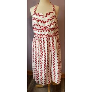 Vintage R & K Originals White Red Flower Smocked Halter Dress Size 16 16W